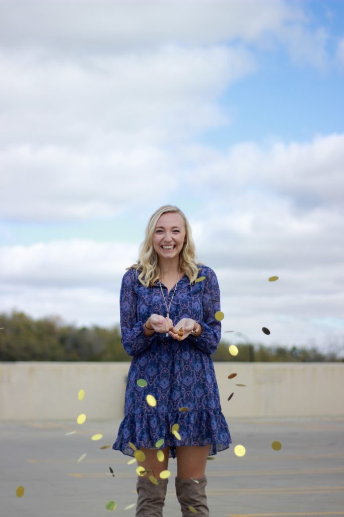 Charming Charlie Blue Purple Ruffle Dress A Dash of Bruck Holding Confetti 