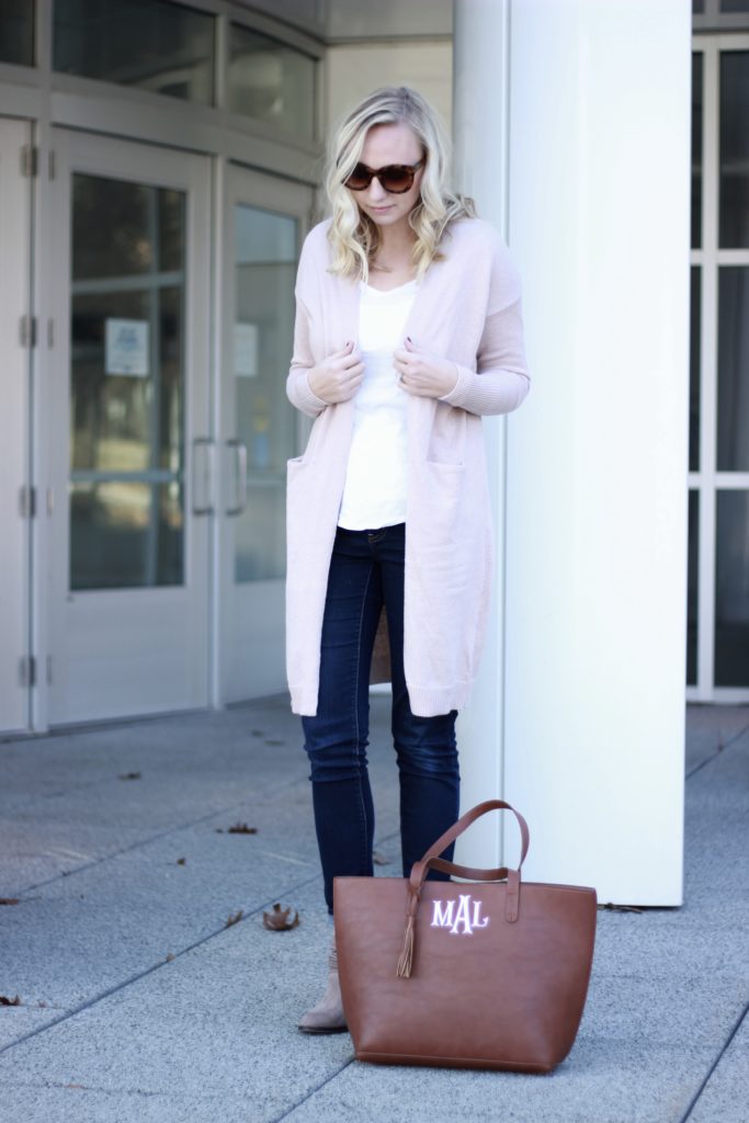 Old Navy Duster Cardigan Monogramed Bag Grey Booties Down